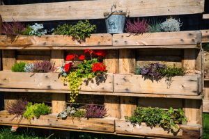 A vertical garden made from a wooden pallet repurposed into a planter box. The pallet garden is filled with a variety of colourful flowers and plants. This image showcases a vertical pallet garden as a space-saving way to add greenery to an outdoor patio.