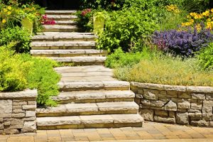 Elegant garden pathway in Sydney featuring natural stone pavers, showing the charm of natural stone for outdoor landscaping.