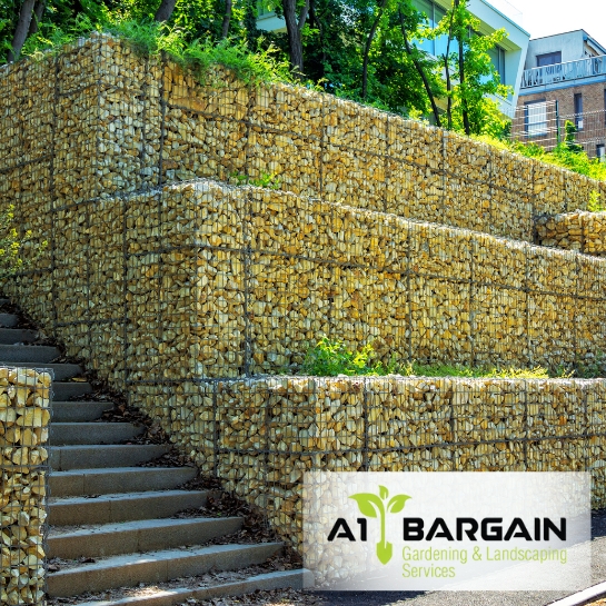 Your Trusted Retaining Wall Contractor: Gabion wall with stairs, providing a stable slope solution.