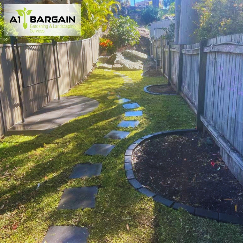 A serene garden featuring a central path surrounded by lush grass, showcasing well-maintained landscaping in {A1GardeningKeywords(City)}