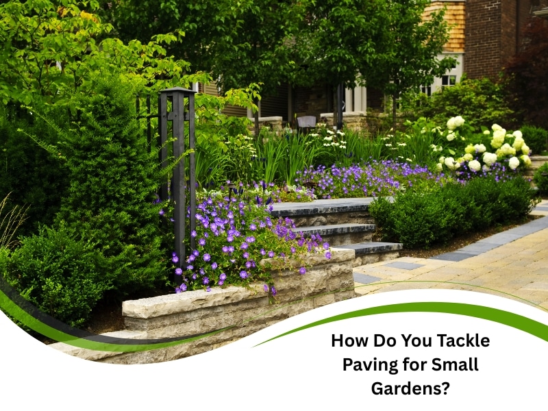 Lush backyard with layered stone steps and paving for small gardens
