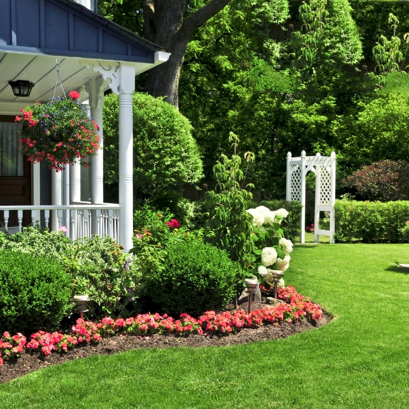 Front yard with a landscaped garden featuring a lush green lawn, flowers, and a white house. Garden landscaping ideas.