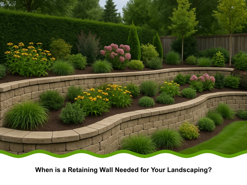 Tiered garden beds with flowers and shrubs show retaining wall needed to prevent soil erosion and organise slope.