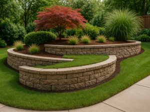 Curved stone terrace garden shows where a retaining wall needed to manage slopes and define landscaped planting zones.