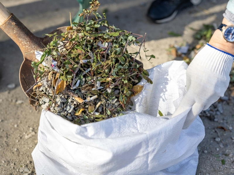 Gathered green waste disposal bags filled with leaves, twigs, and rubble.