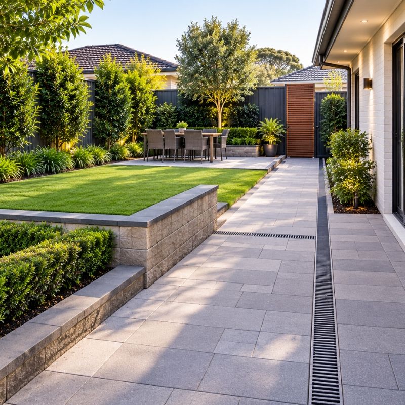 Paths, paving and drainage across flat Strathfield blocks