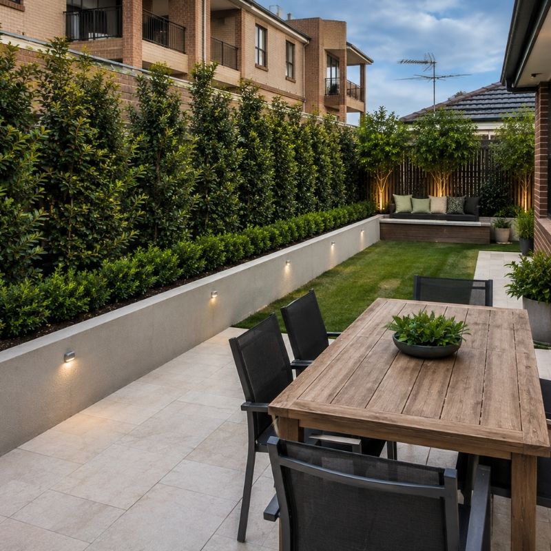 Privacy screening and garden planting in a residential backyard