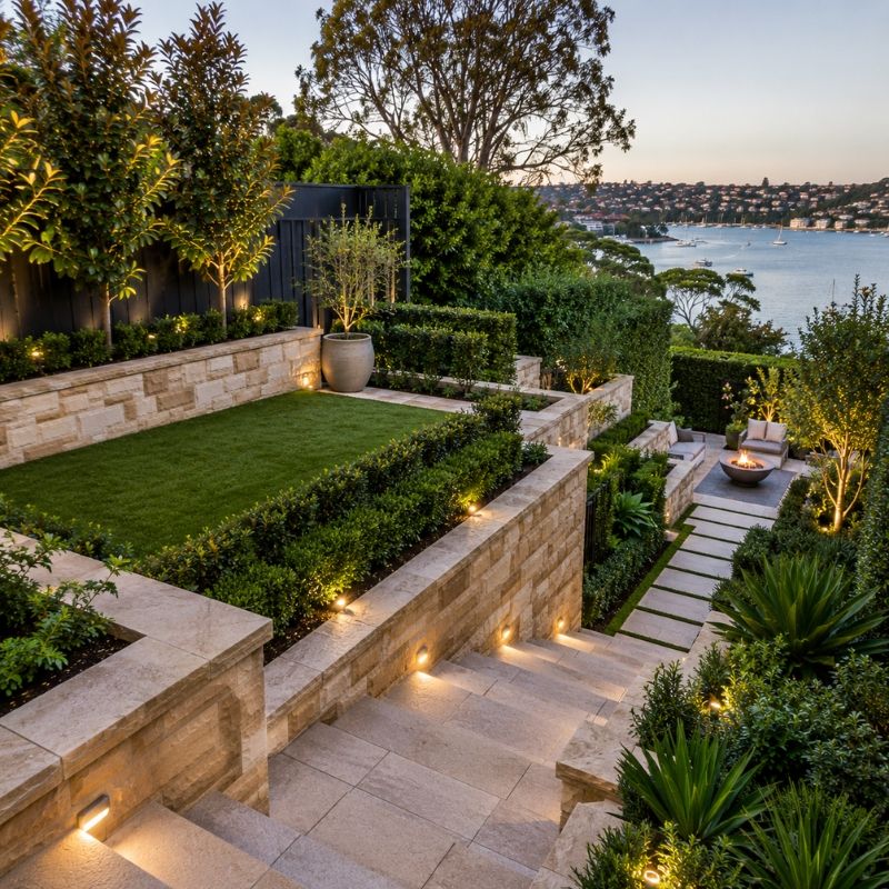 Sloping harbourside block landscaping with levels and privacy