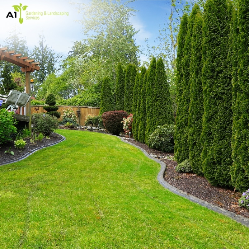 Gardener in Abbotsbury maintaining lush lawn, hedges, and landscaped garden with trimmed trees and edging.
