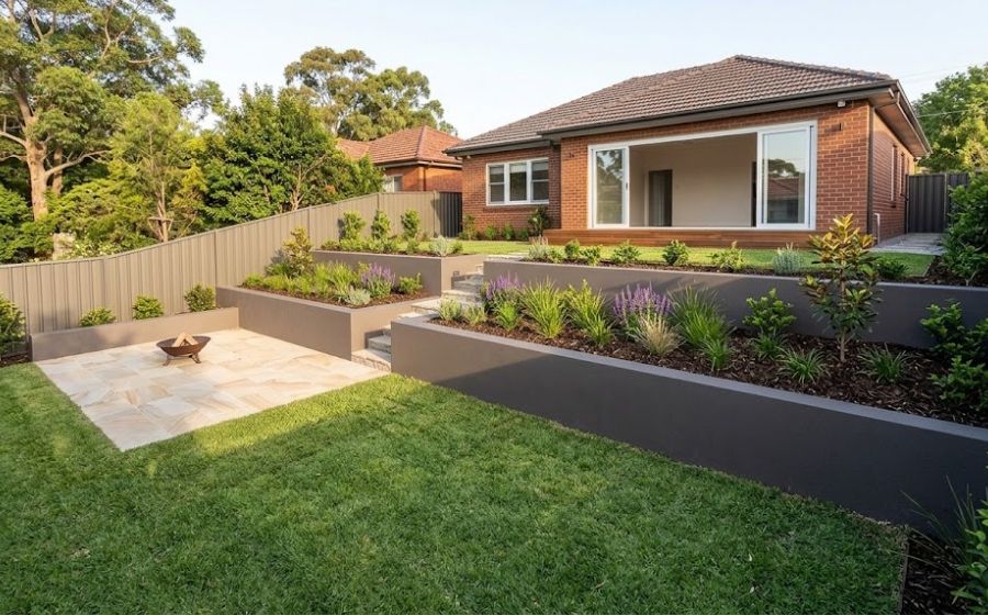 Full backyard build: paving, lawn and garden beds.