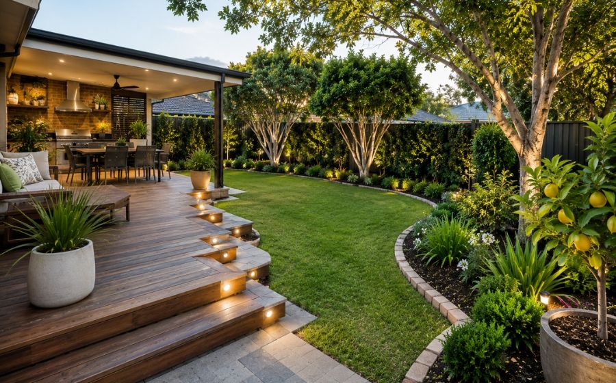 Backyard landscaping transformation with paving, lawn and garden beds in Blacktown