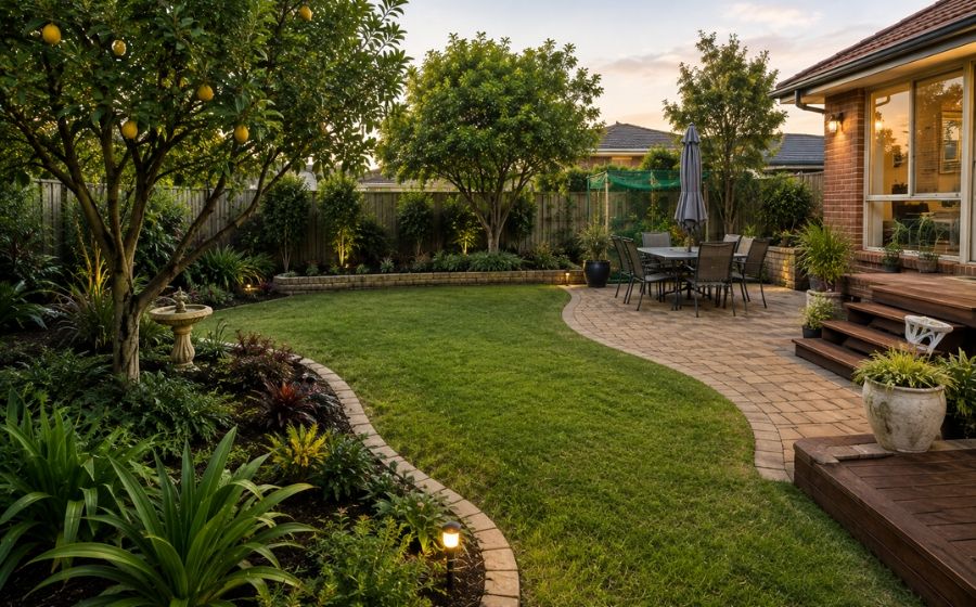 Backyard landscaping with paving, lawn and garden beds in Camden