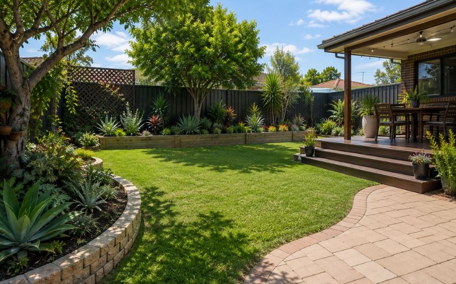 Backyard transformation with paving, lawn and garden beds in Fairfield