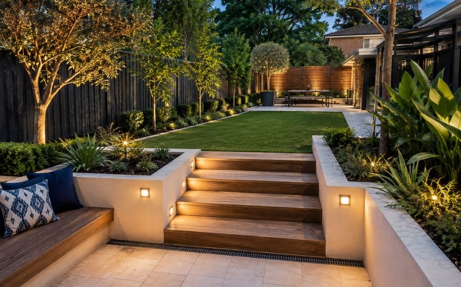 Backyard transformation with paving, lawn and garden beds