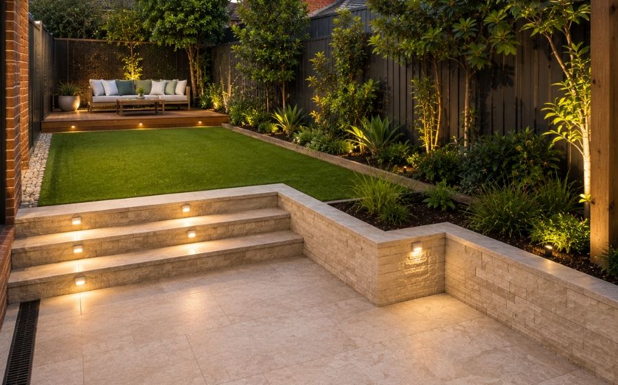 Full backyard build with paving, lawn and garden beds