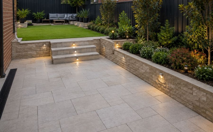 Paved driveway, path and retaining wall on a local block