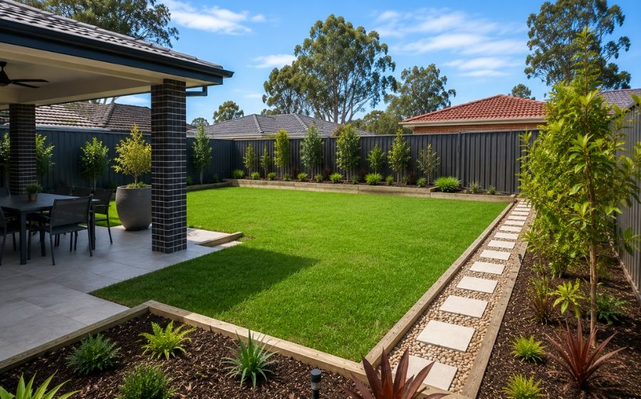 Backyard transformation with paving, lawn and garden beds in Liverpool