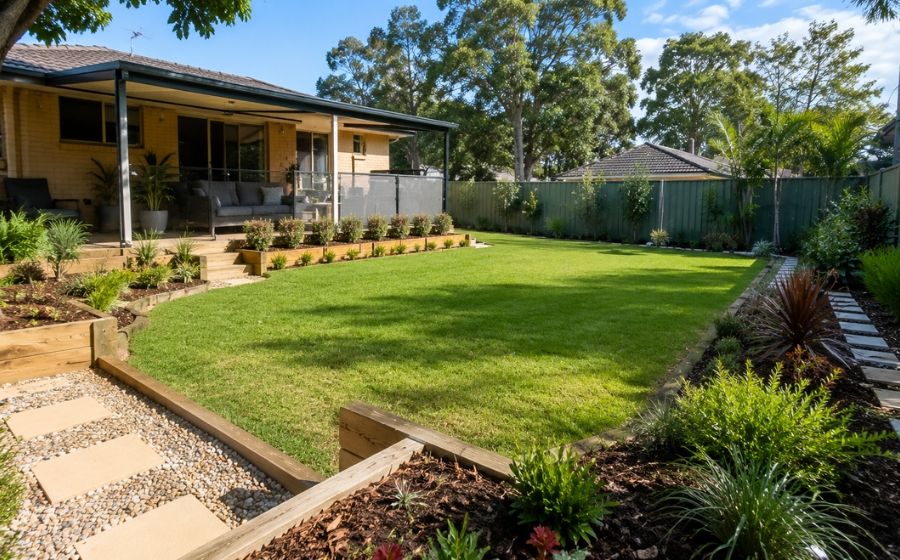 Backyard landscaping transformation in Penrith with paving, lawn and garden beds