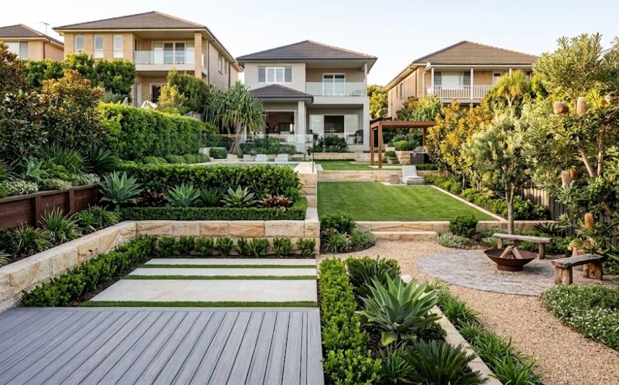 Randwick backyard transformation with paving, lawn and garden beds