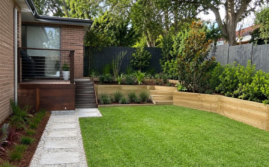 Full backyard build with paving, lawn and garden beds