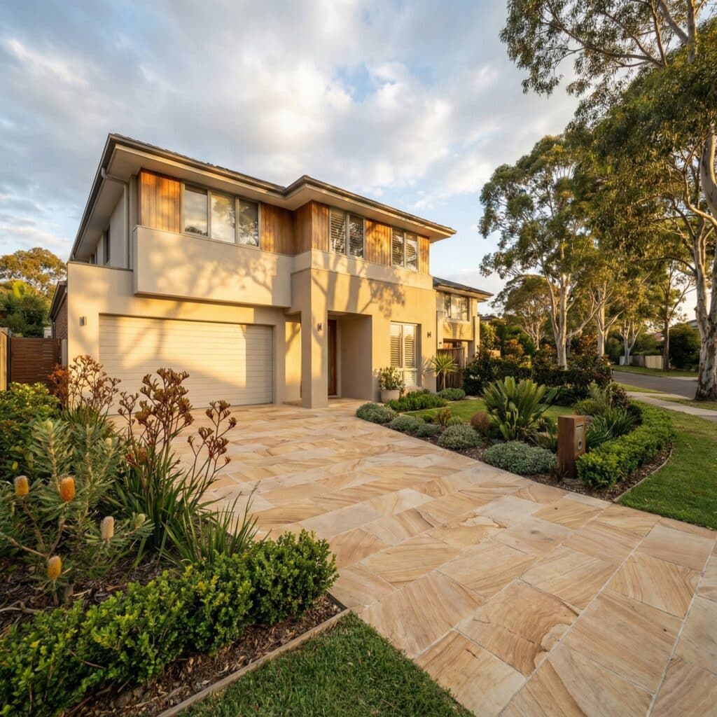 A newly installed stone driveway in front of a Sydney home.