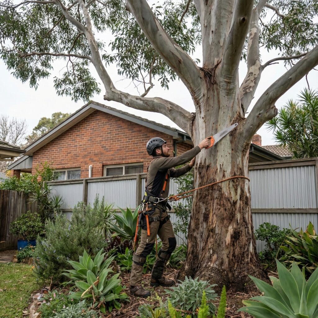 Arborist pruning a mature tree during winter in a Sydney backyard.