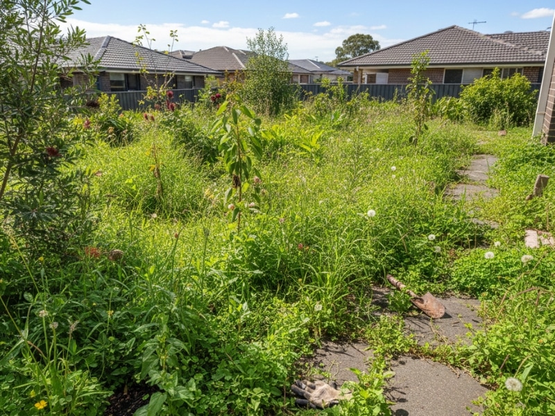 Overgrown backyard garden with weeds covering lawn, garden beds and pathways in a suburban Sydney residential property