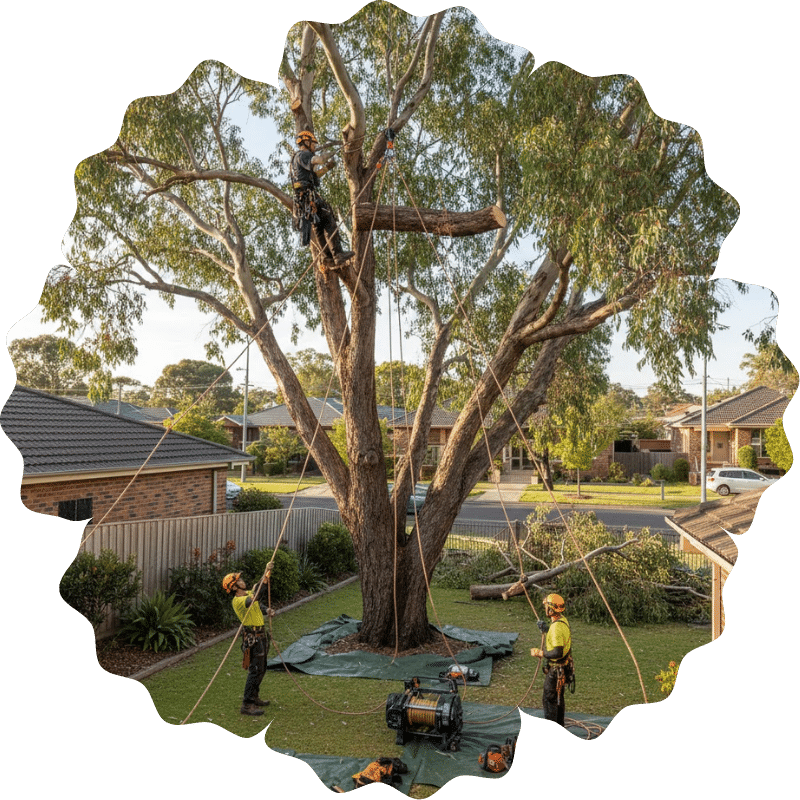 Controlled tree lopping using rigging to protect nearby structures