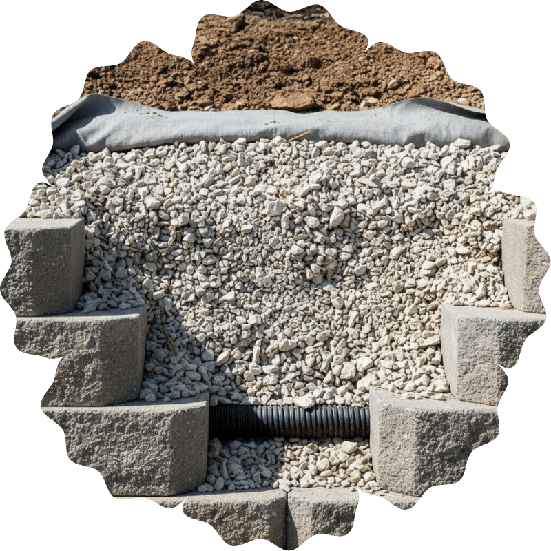 Drainage system installed behind a retaining wall to manage water pressure