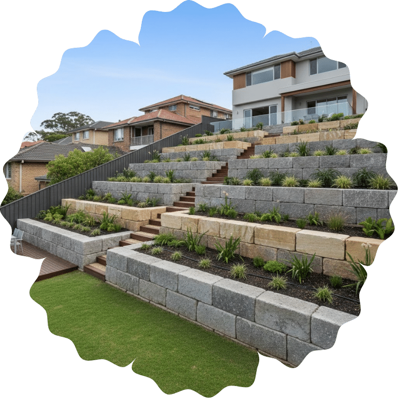 Retaining wall used to manage a sloping residential block in Sydney