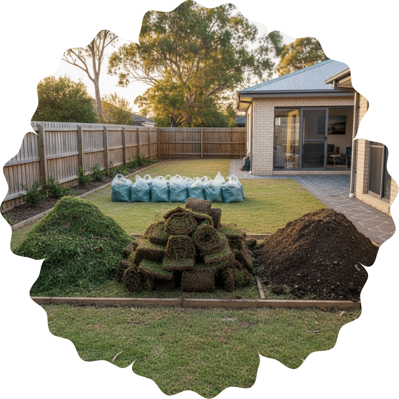 Green waste, turf and soil prepared for removal in a Sydney yard