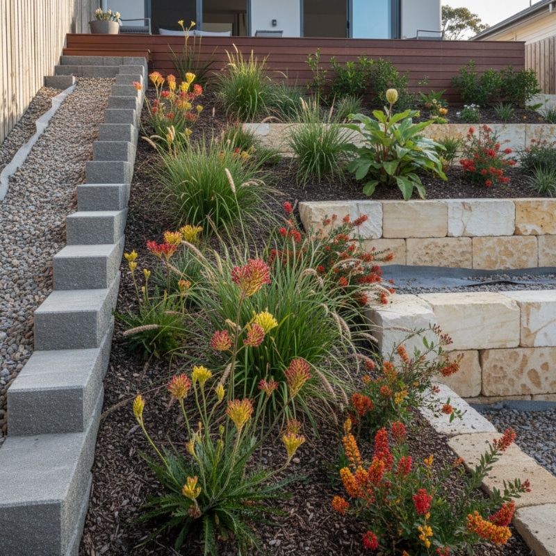 Concrete sleeper wall and block garden wall comparison on a sloped Sydney backyard with drainage layers visible