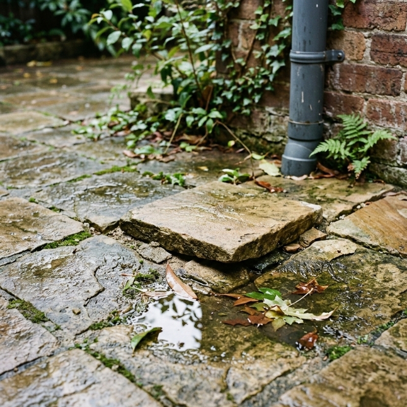 Outdoor courtyard showing early warning signs of surface failure with a slight dip, rocking stone, and water pooling after rain.