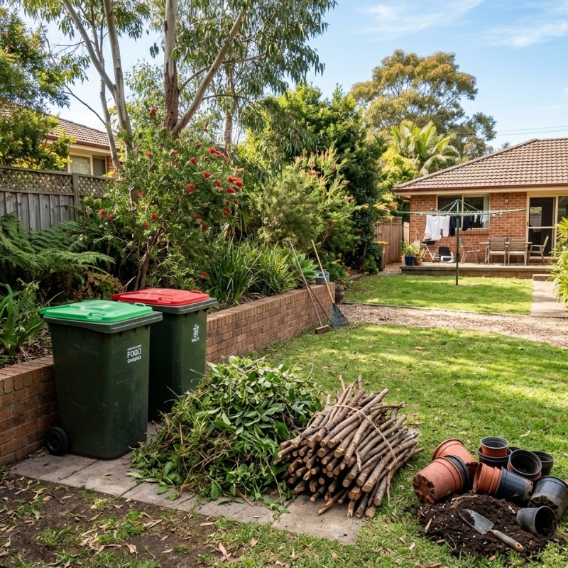 Sydney backyard clean-up showing what goes in the green bin versus general waste.