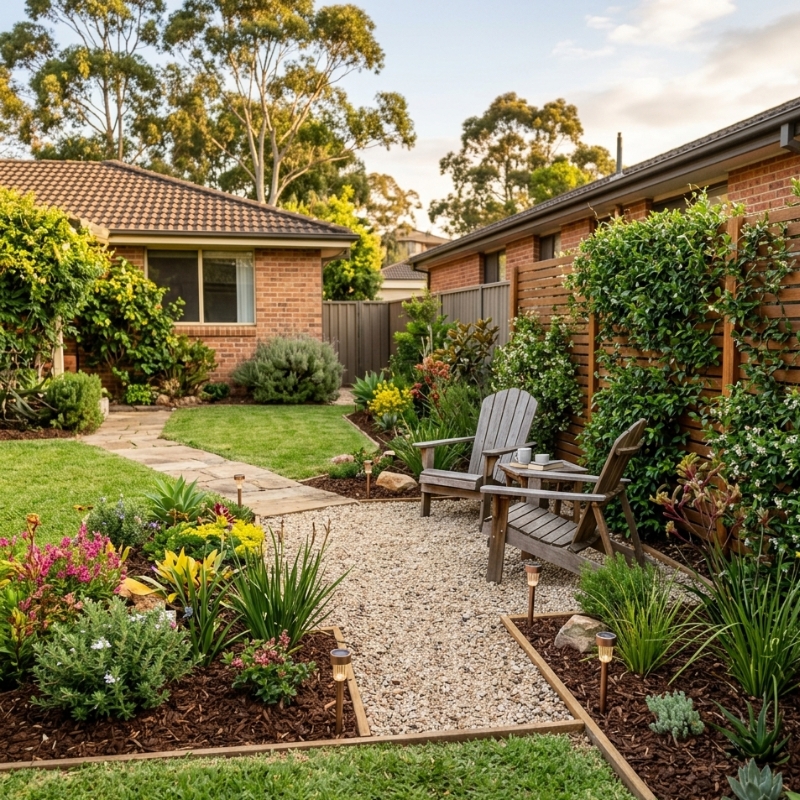 Budget-friendly backyard makeover plan in Sydney with mulch edging, gravel seating area and low-maintenance planting