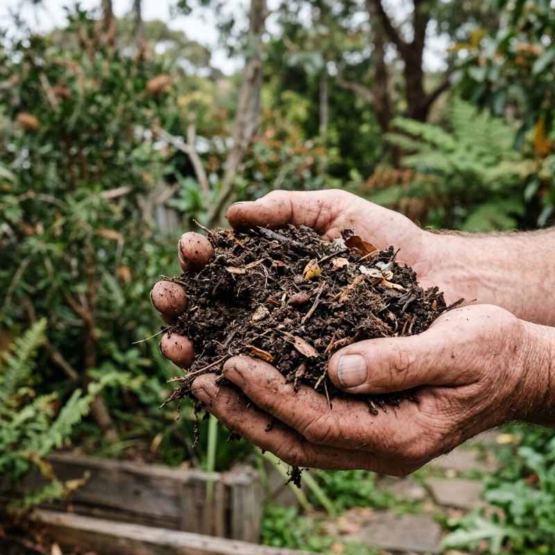 Hands holding healthy, crumbly soil with organic matter in a Sydney backyard.