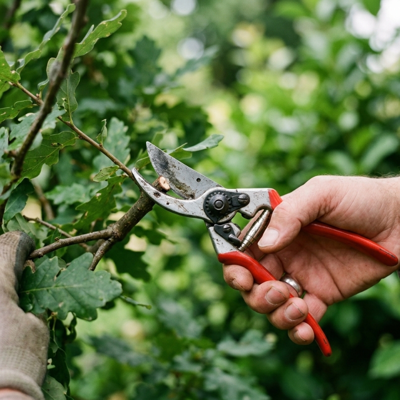 A close-up, realistic garden scene showing a single hand using pruning secateurs to trim small tree branches, tight crop, sharp focus on the hand, tool, and branch, natural outdoor light, leafy background softly blurred, no face, no full person visible, no text, no logo.