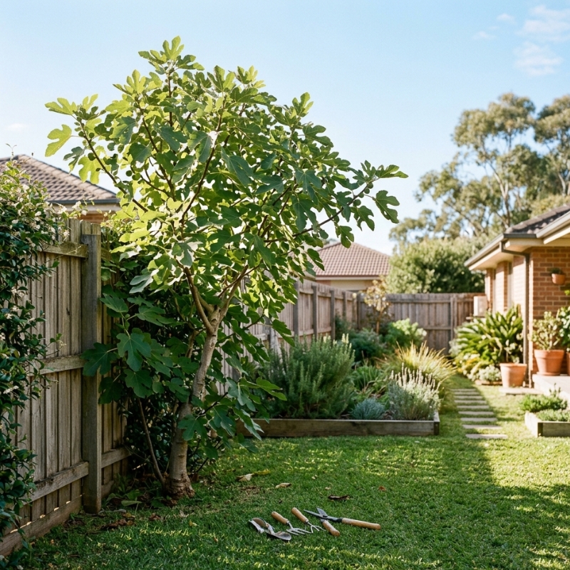 Sydney backyard fig tree in winter showing a manageable canopy size and clear spacing near a fence
