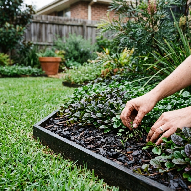 Freshly mulched Sydney garden bed with crisp edging and dense groundcover to reduce unwanted regrowth after rain