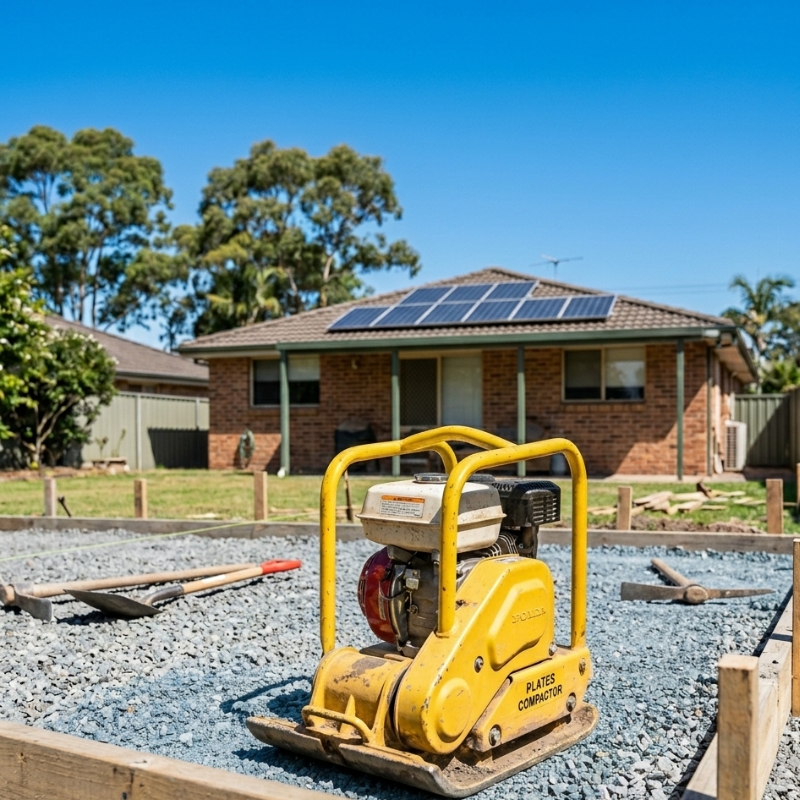 Sydney homeowner compacting gravel sub-base to avoid DIY paving mistakes