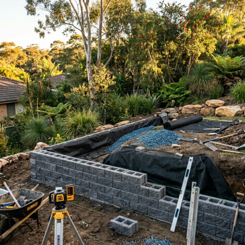 building a concrete block retaining wall with proper drainage in a Sydney garden.