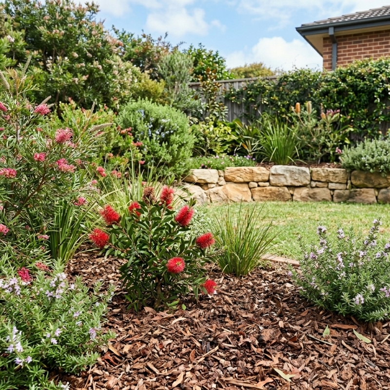 Sydney gardener spreading organic mulch for eco-friendly weed control