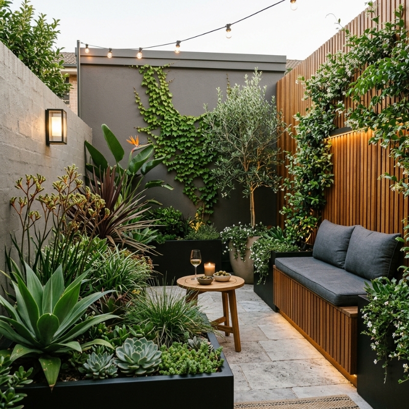 Small Sydney courtyard garden makeover with vertical screening, compact seating zone, and layered low-maintenance planting