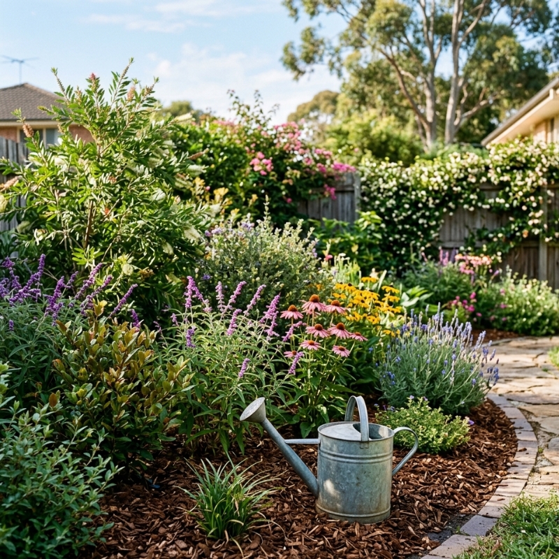 Sydney garden bed protected from heat with a moisture-retaining surface cover and deep watering setup.