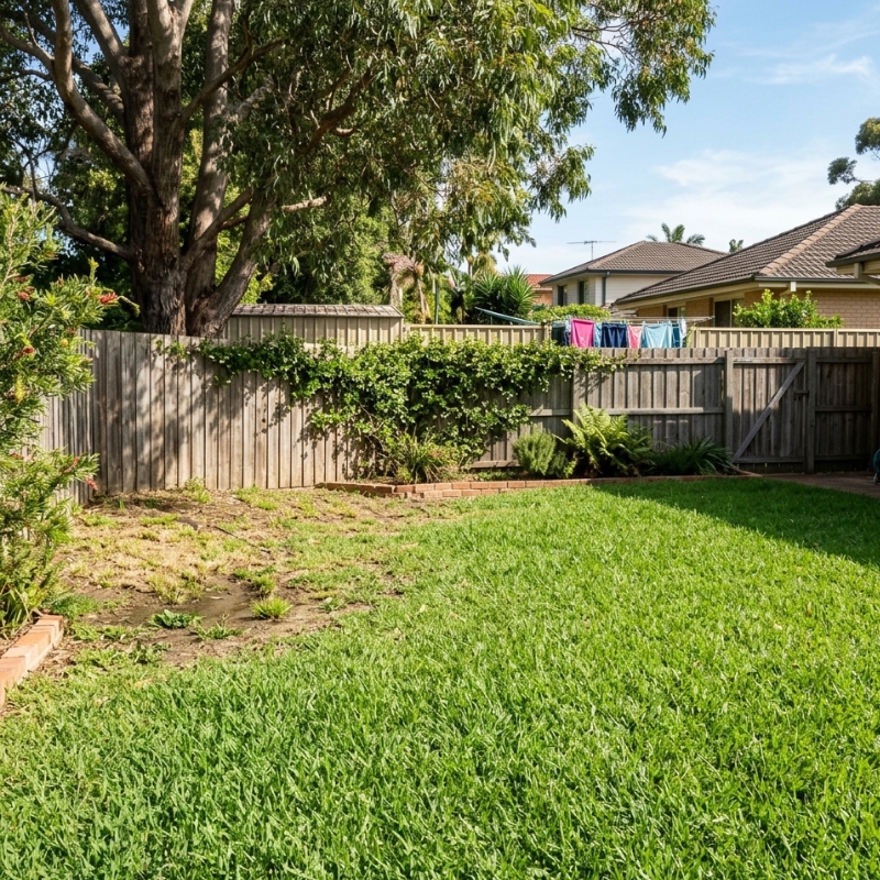 Thin patchy lawn near a fence line in a Sydney backyard showing how shade and soil issues can reduce turf density