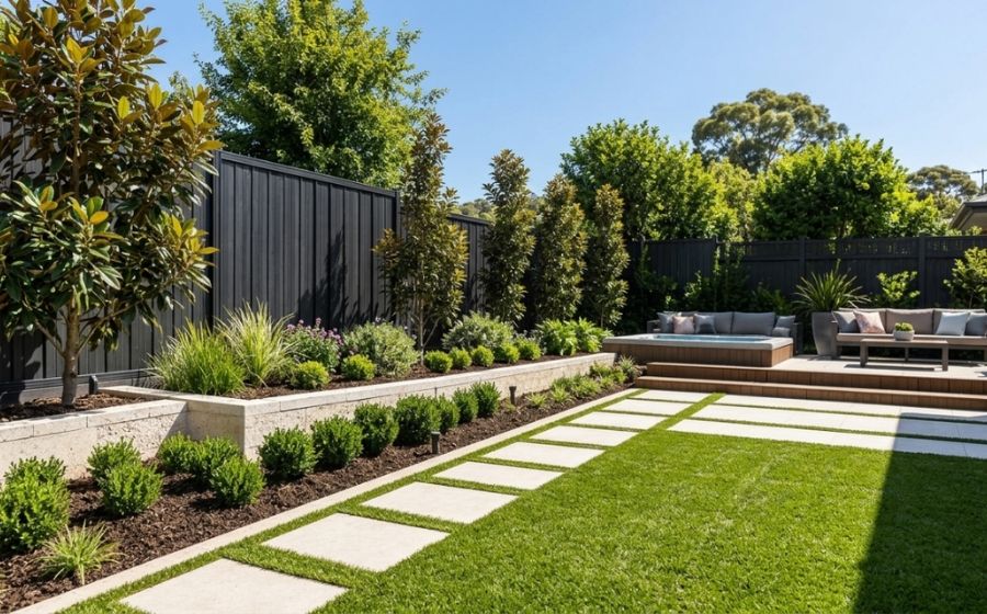 Backyard landscaping transformation in Campbelltown with paving, lawn and garden beds
