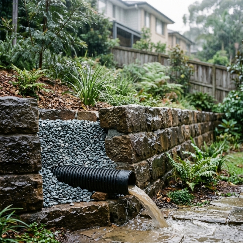 Gravel backfill and ag pipe provide drainage behind a Sydney retaining wall