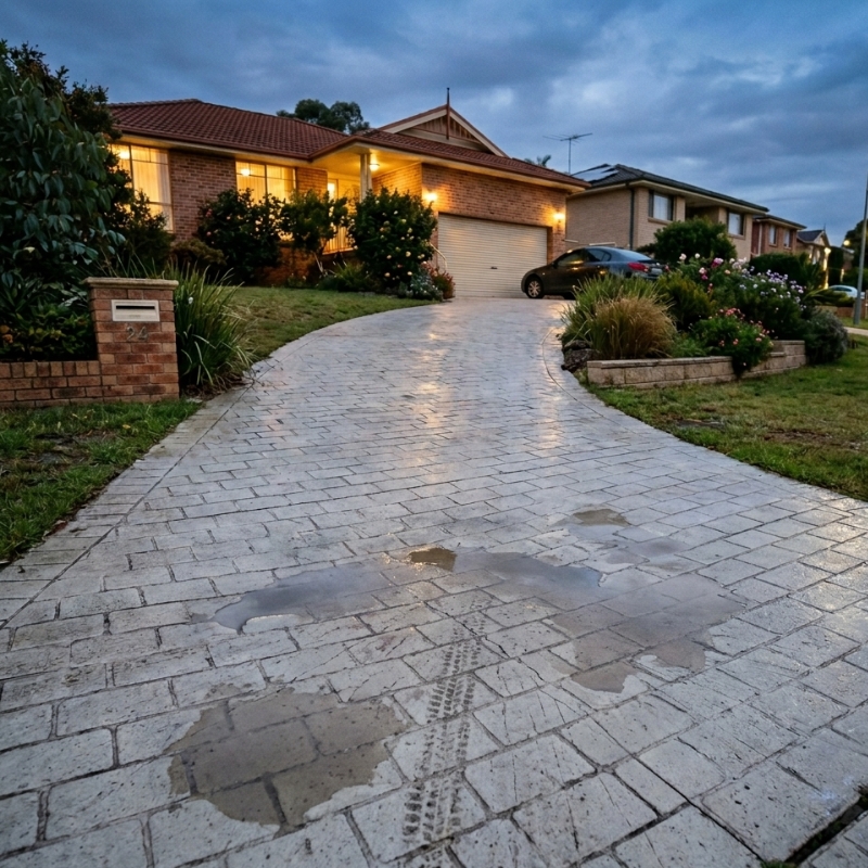 Early warning signs of paving damage on a Sydney driveway showing minor puddling and hairline cracks.