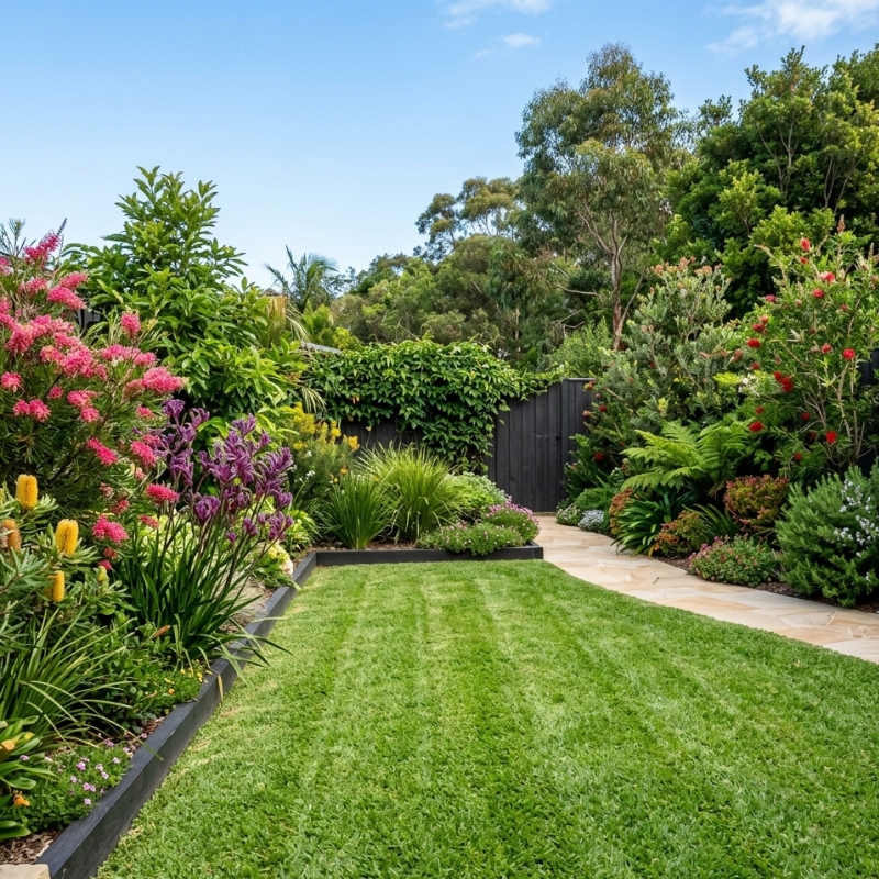 Beautiful backyard garden in Sydney with landscaped garden beds, healthy plants, and freshly maintained lawn