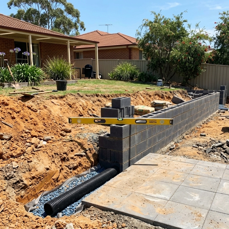 Common landscaping mistakes in Sydney yard—poor drainage and unfinished retaining wall.